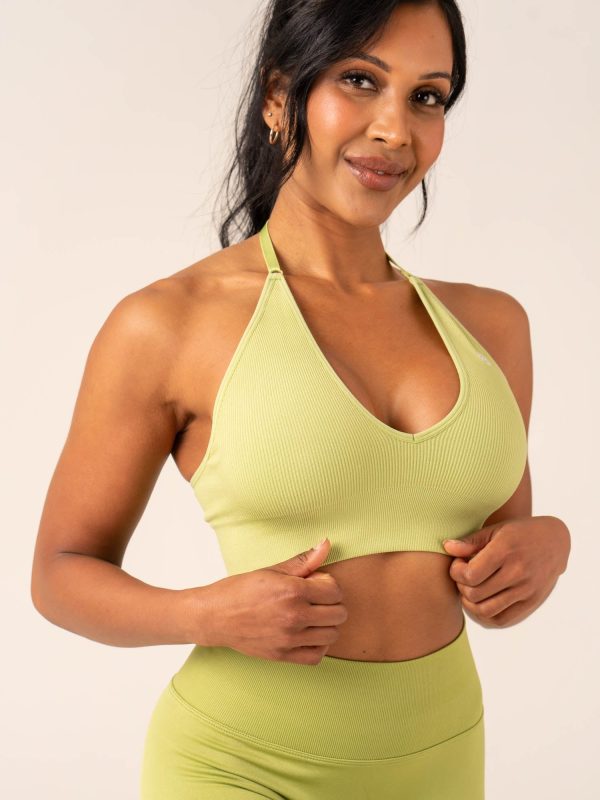 Lift Rib Seamless Halter Sports Bra - Olive Online Sale - Image 3